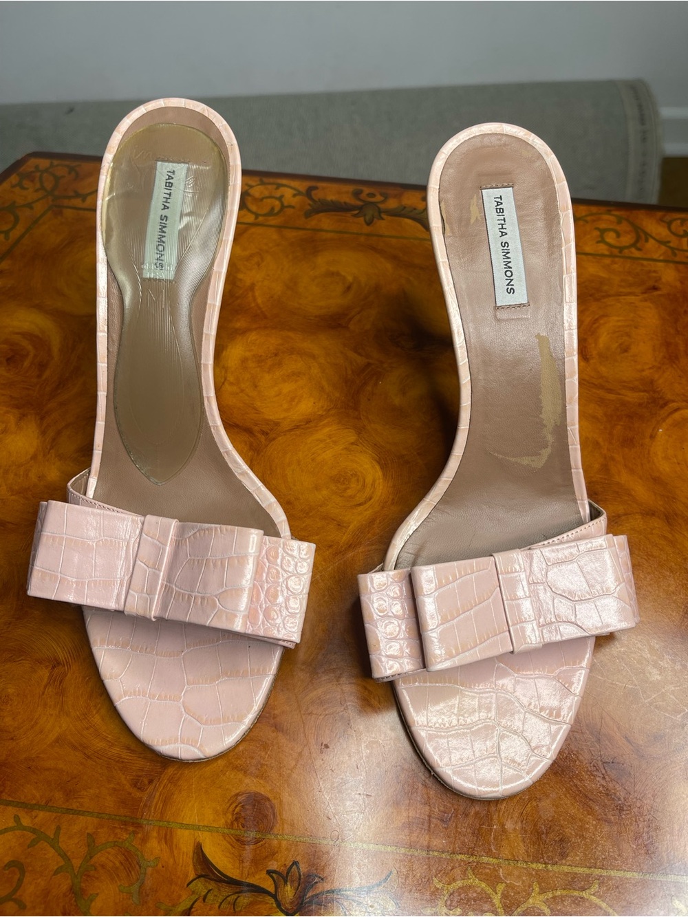 Tabitha Simmons Pale Pink Croc-Embossed Bow Slides